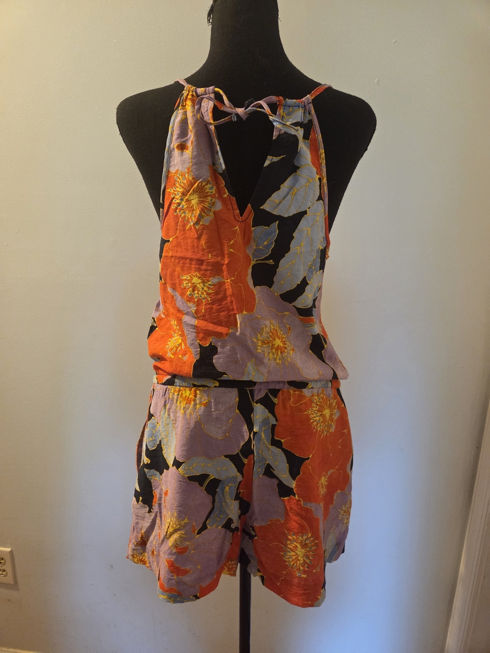 LOFT Black Floral Spaghetti-Strap Romper with Orange & Lavender Bloom - Picture 5 of 9